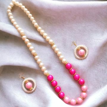 Pink Off-white Long Pearl Necklace Set for Women