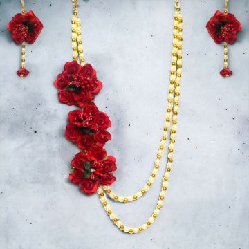 red artificial flower jewellery set