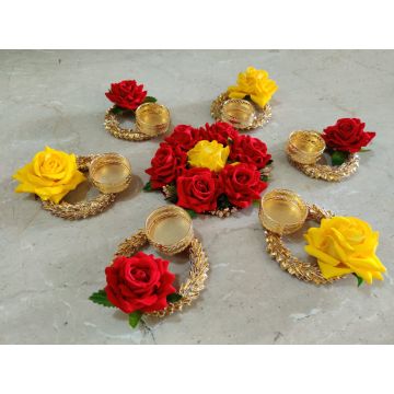 red yellow tealight and candle holder set