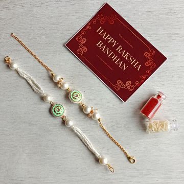 Meenakari Pearl Rakhi for Brother and Bhabhi - Sea Green