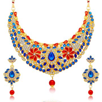 gold plated necklace with blue, red, and silver diamond accents