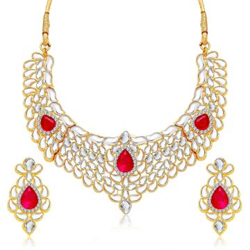 gold plated white kundan necklace set with red  accents