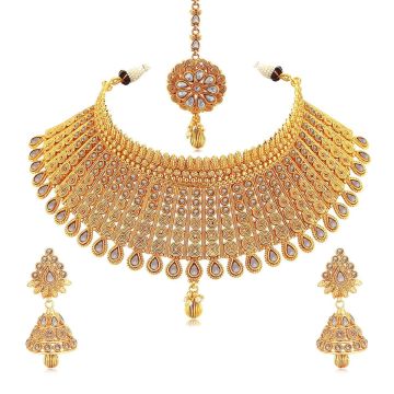 gold plated jalebi choker necklace set on white background