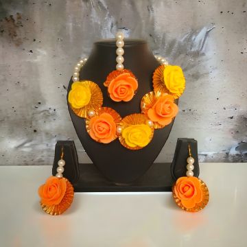 gota patti flowers jewellery set on mannequin
