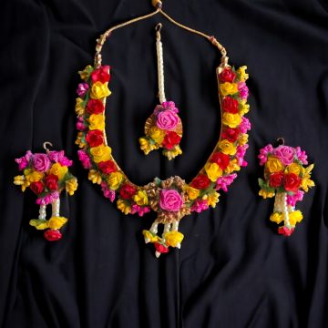 red-yellow artificial flower jewellery set for haldi