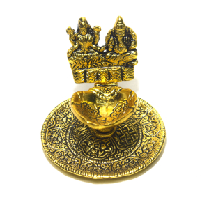 Oxidized White Metal Gold Plated Lakshmi Ganesha Table Diya 
