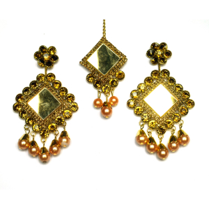 Golden Square Mirror Earrings & Maang Tikka Set 