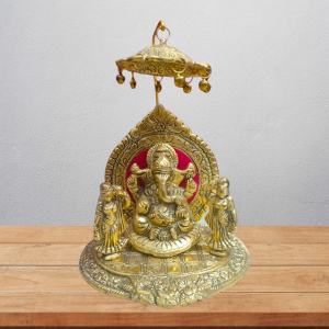 Lord Ganesha & Riddhi Siddhi Oxidized Idol with Umbrella - 20 cm (Metal, Gold)