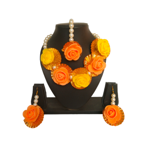 Flower Gota Patti Jewellery Set for Haldi Mehendi (Yellow, Peach)