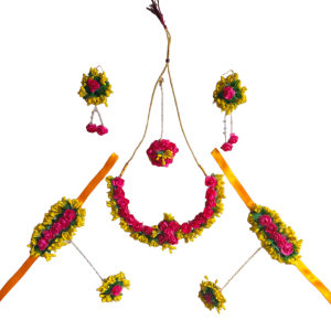 Pink Yellow Flower Jewellery Set for Haldi & Mehandi