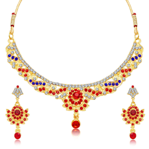 Sukkhi Gold Plated Choker Necklace Set | Red & Blue