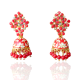 Meenakari Jhumka Earrings with Studded Stones - Red/Pink